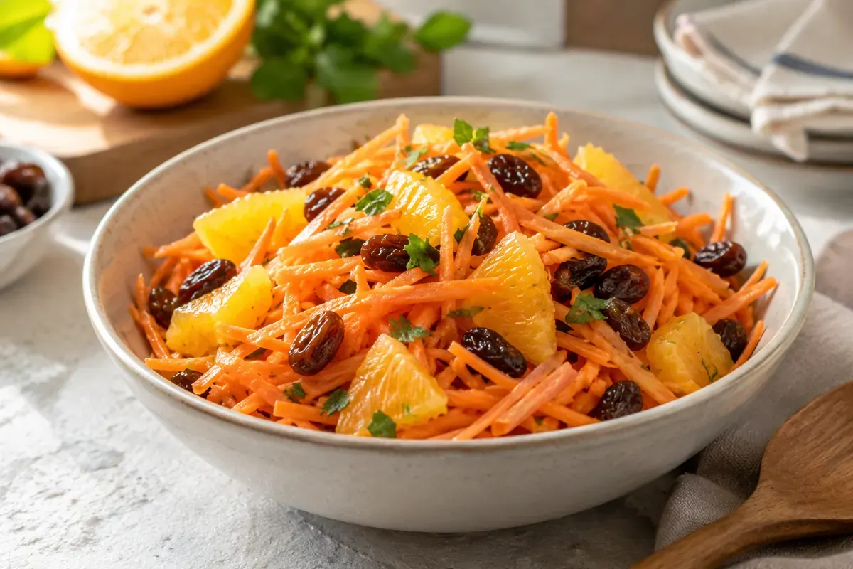 Salad wortel serut, kismis, dan potongan jeruk dalam mangkuk sederhana.