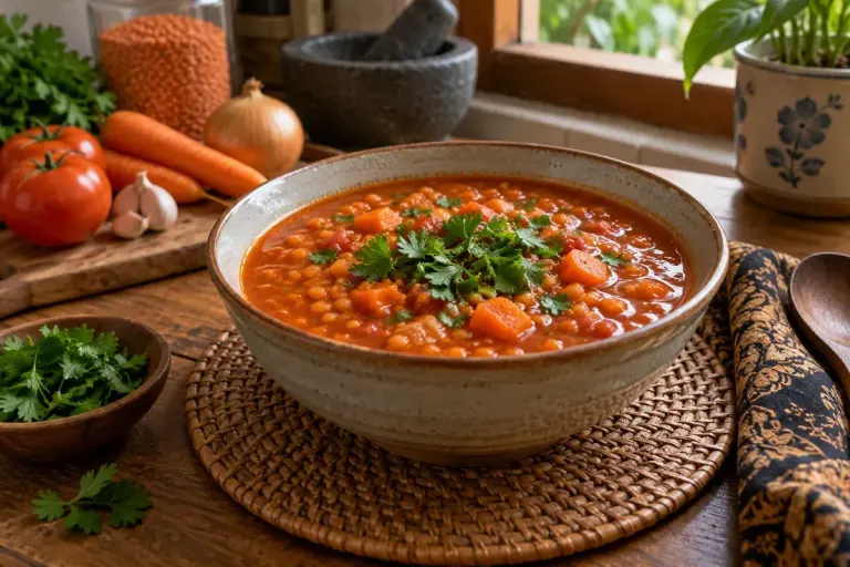 Semangkuk sup lentil merah tomat dengan wortel dan taburan daun peterseli.